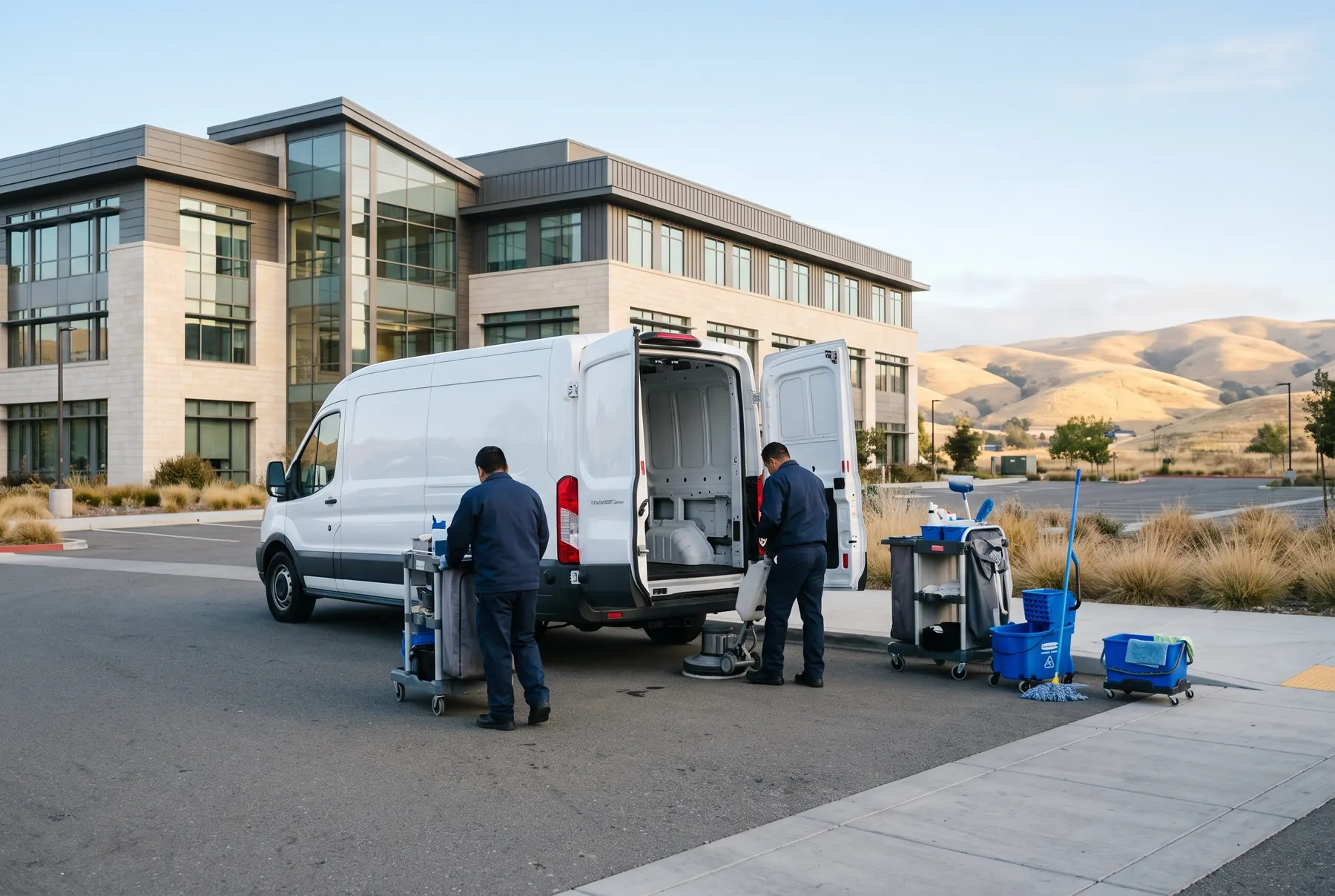 Cleaning crew unloading equipment at an office park in the East Bay hills