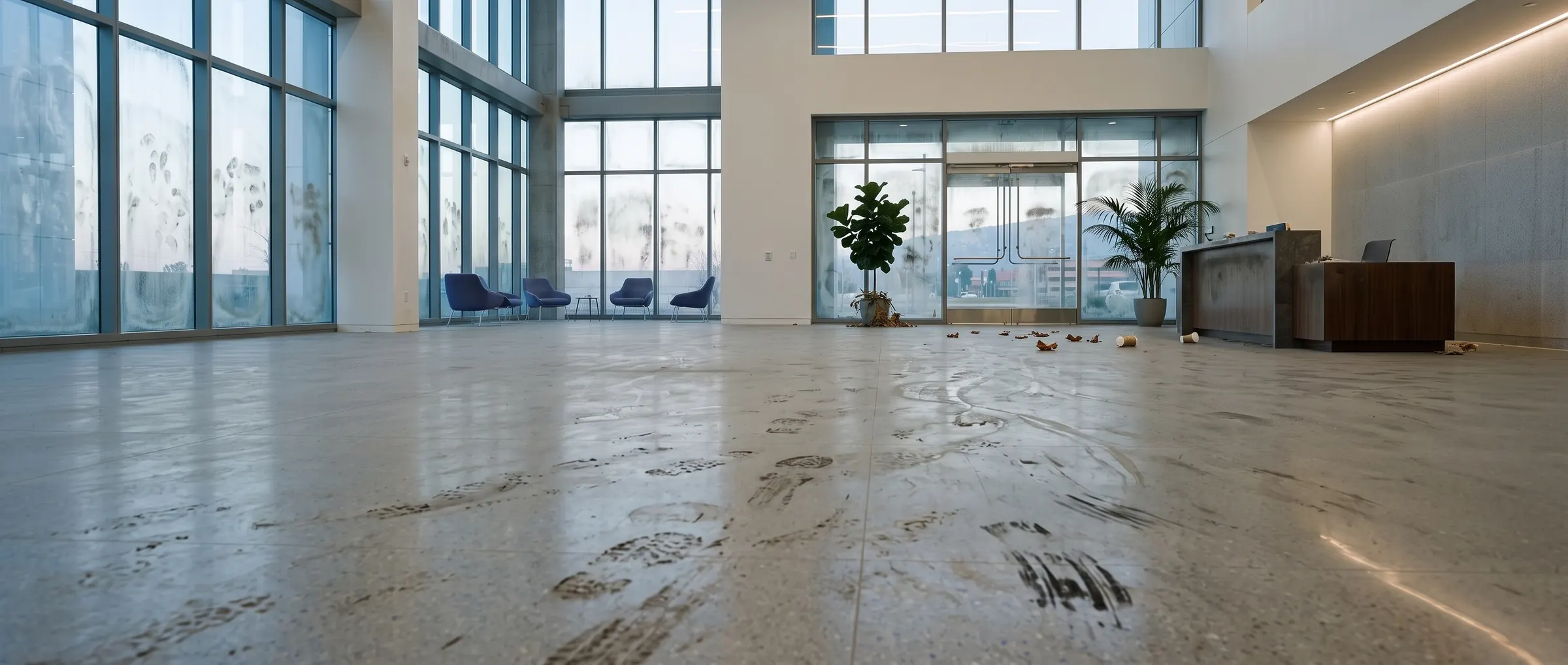 An office lobby before cleaning, with a dull, scuffed floor and smudged glass