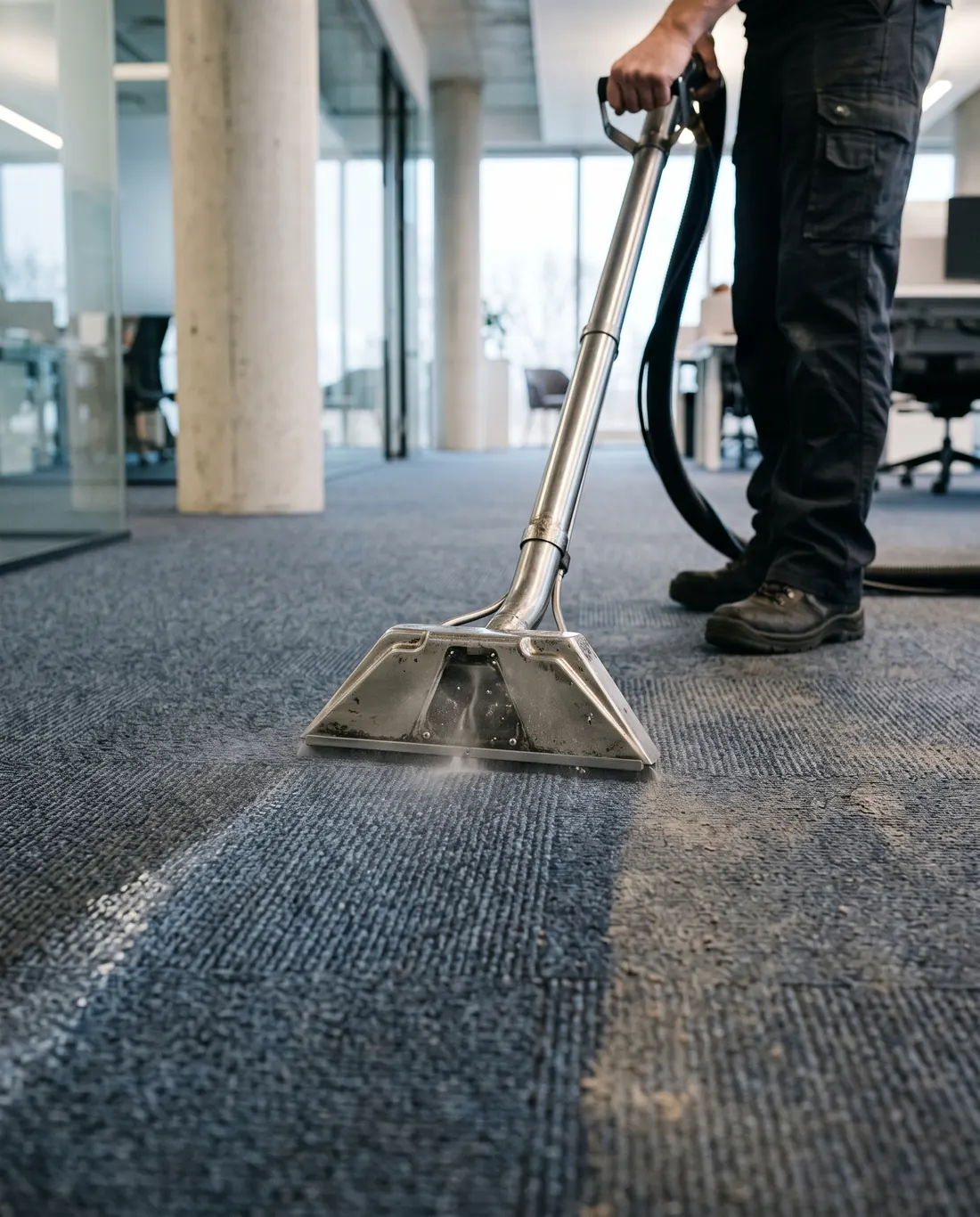 Carpet extraction wand leaving a clean stripe across office carpet