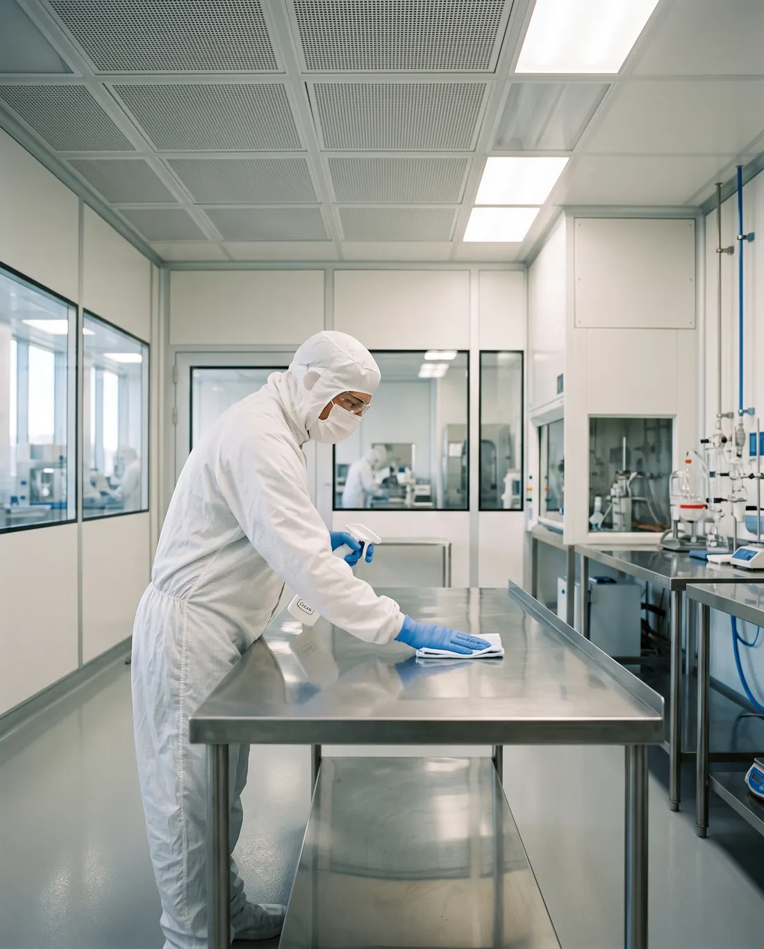 Technician in a cleanroom suit wiping down a stainless steel bench