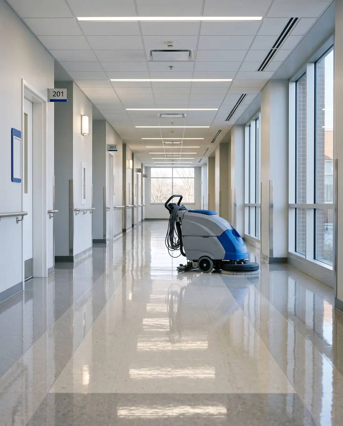 Freshly waxed tile corridor with a floor burnisher