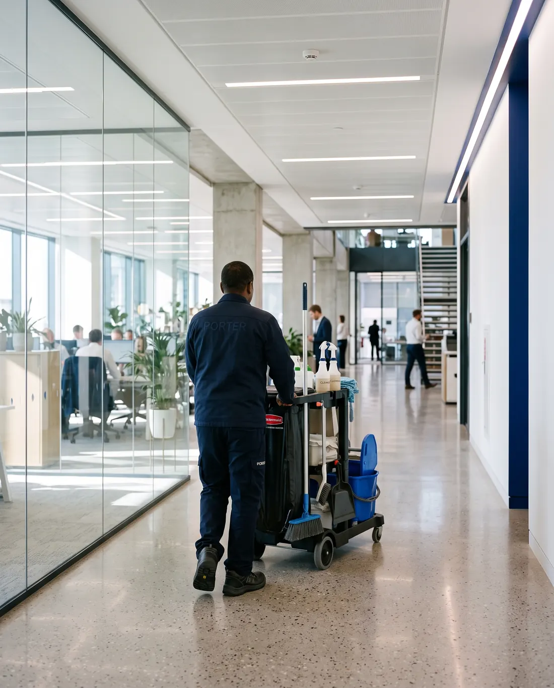 Day porter pushing a janitorial cart through a bright office corridor