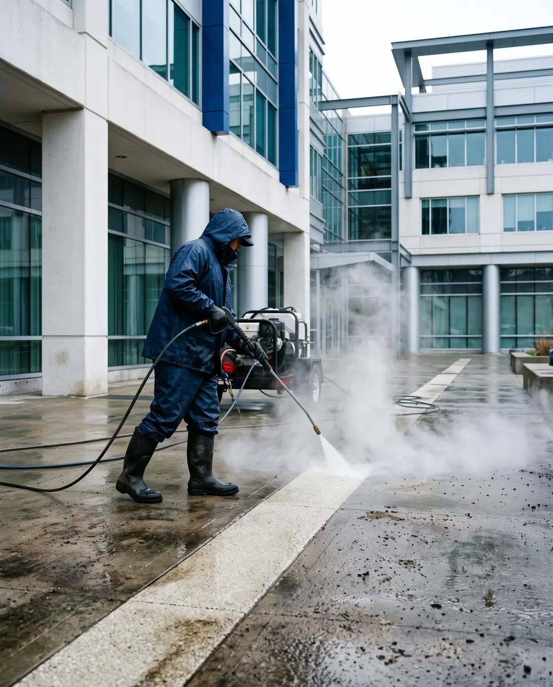 Hot pressure washer cutting a clean stripe through grimy concrete
