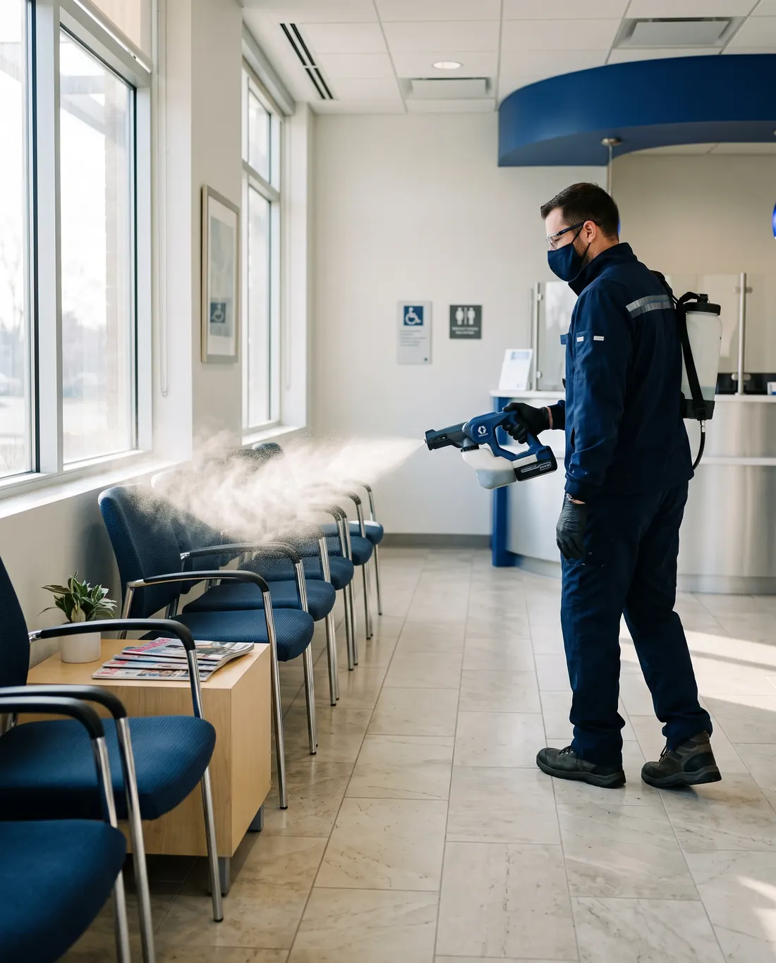 Technician using an electrostatic sprayer in a clinic waiting room