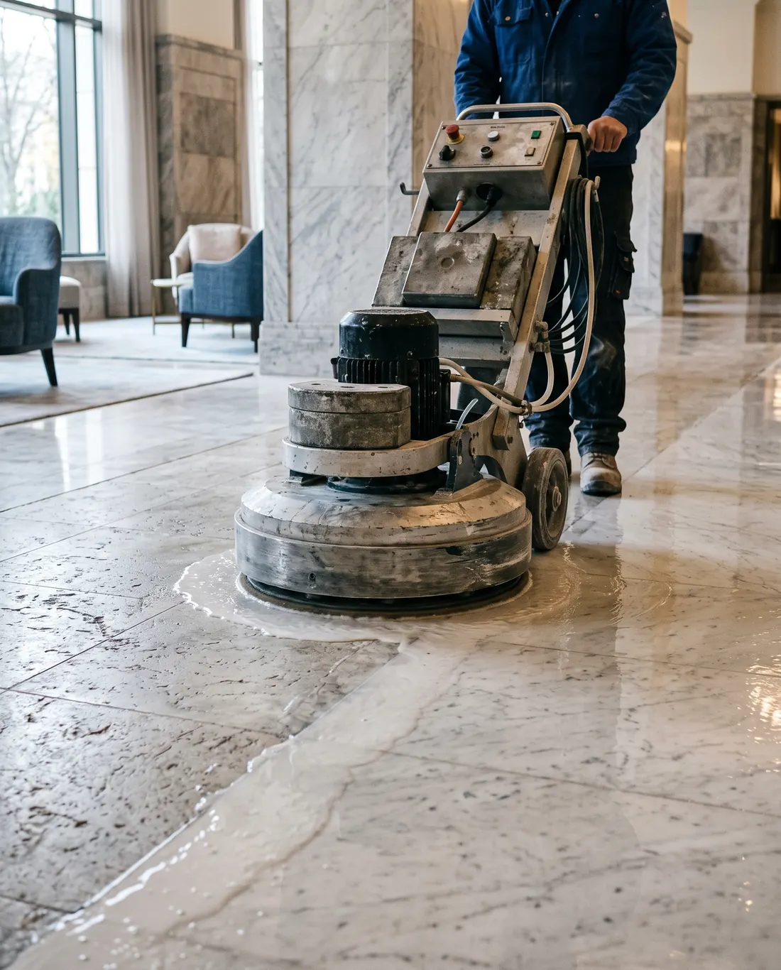 Floor machine honing a marble lobby floor to a soft shine