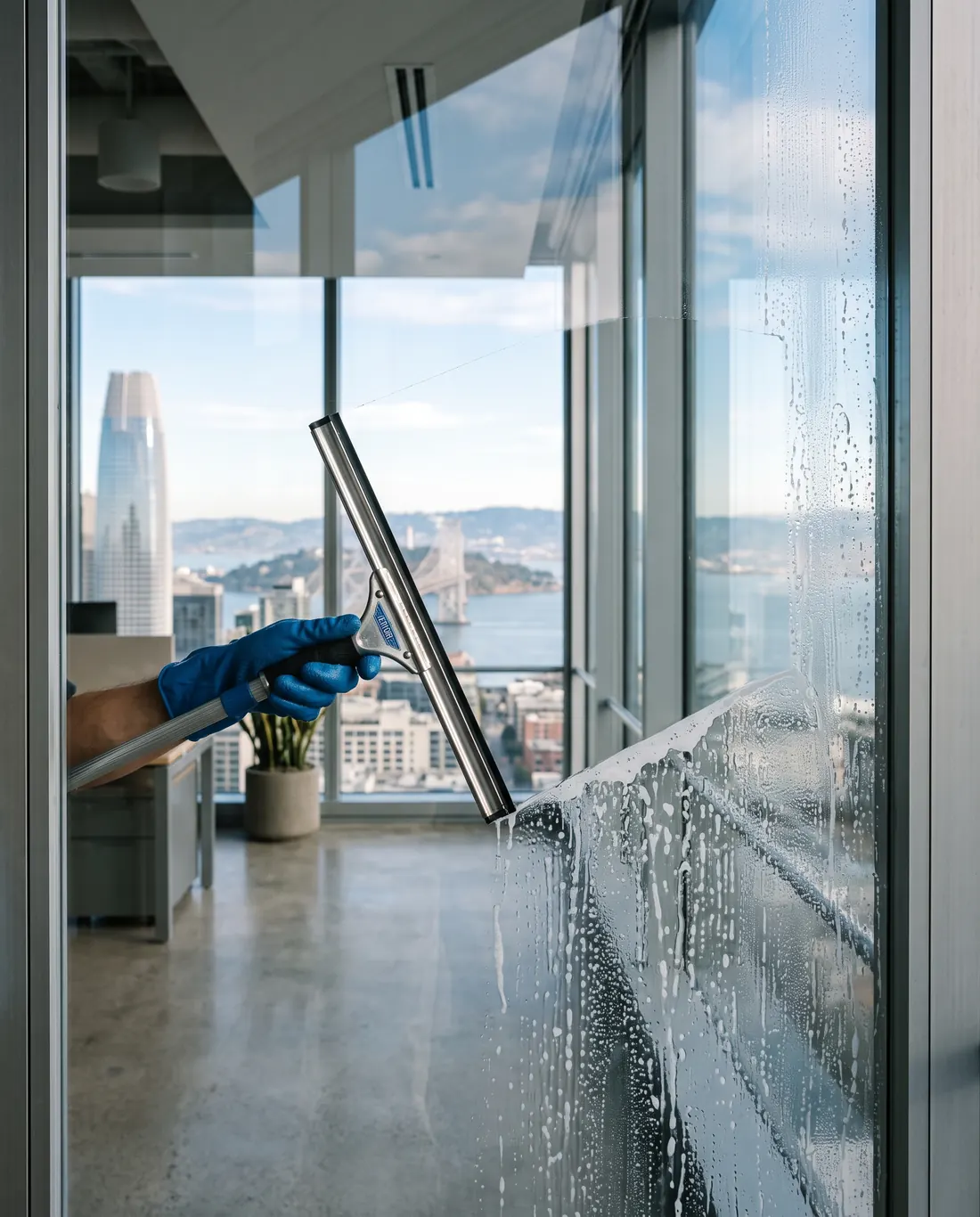 Squeegee pulling a streak-free pass across an office window